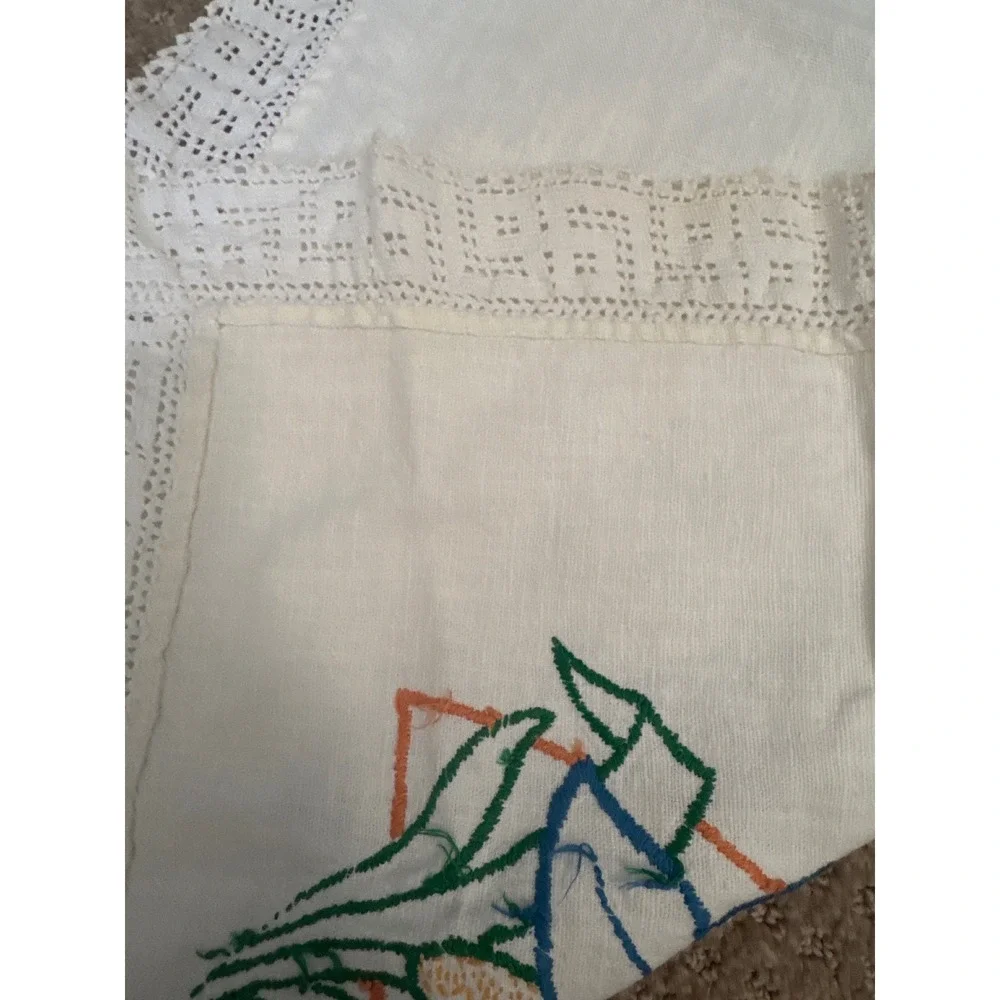 Vintage Cream Linen Tablecloth Crocheted Lace Trim Square 15in Farmhouse Decor